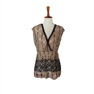 New Directions Lace Sheer Faux Wrap Top‎ Size PM Tan Black